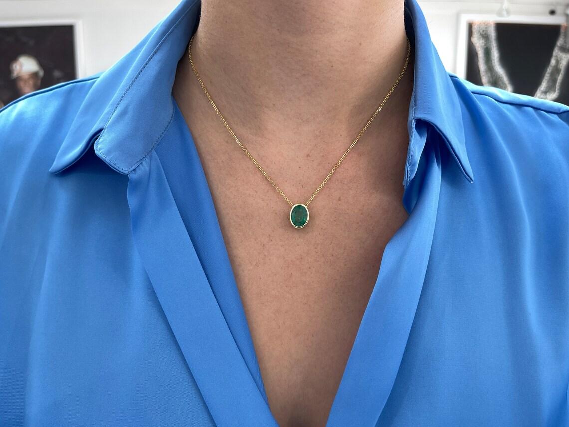 Women's 3.60ct 14K Oval Emerald Bezel Pendant Multi-Functional E-W or N-S Earthmined For Sale