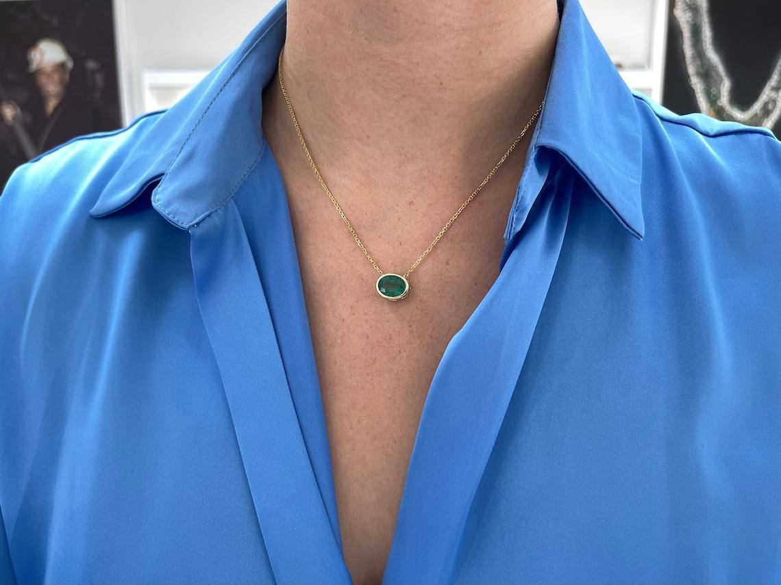 3.60ct 14K Oval Emerald Bezel Pendant Multi-Functional E-W or N-S Earthmined For Sale 1