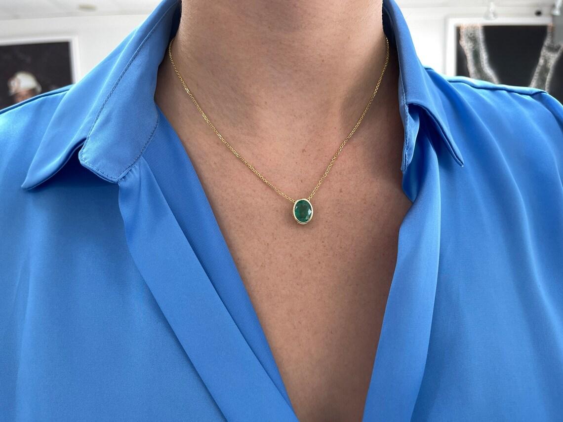 3.60ct 14K Oval Emerald Bezel Pendant Multi-Functional E-W or N-S Earthmined For Sale 2
