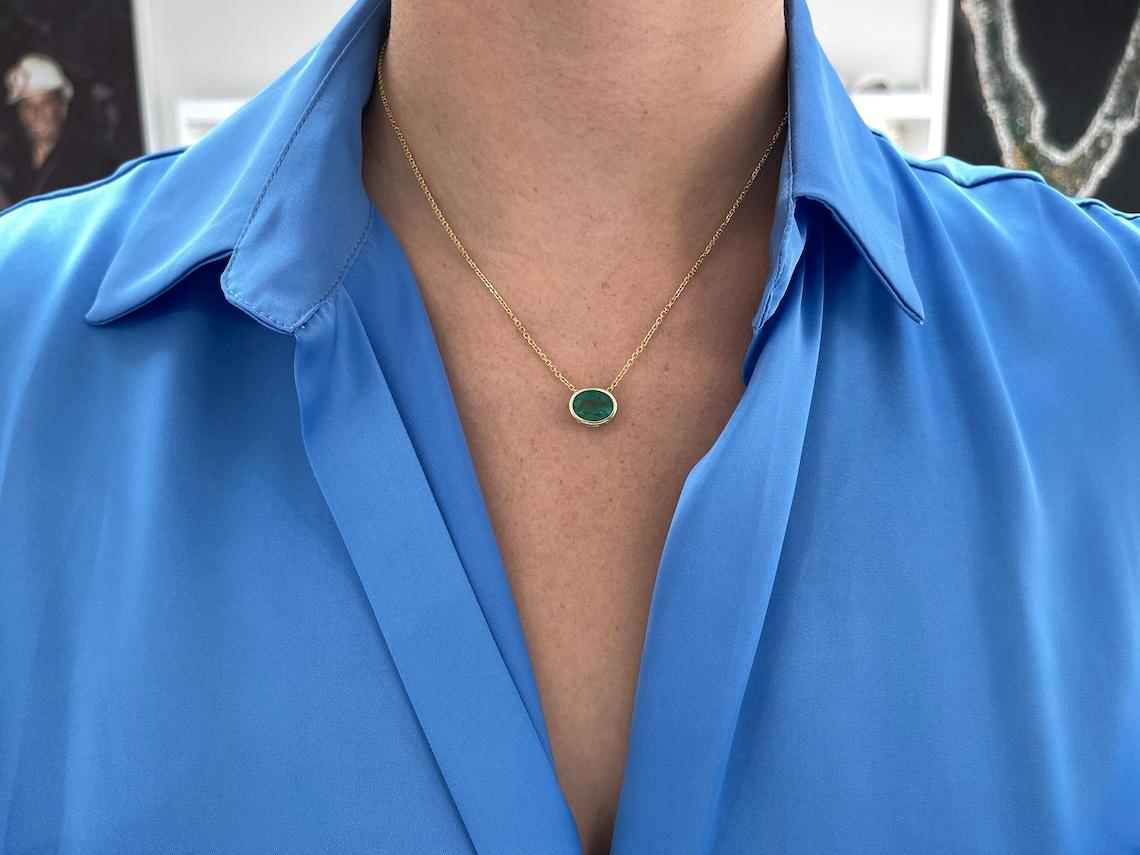 3.60ct 14K Oval Emerald Bezel Pendant Multi-Functional E-W or N-S Earthmined For Sale 3