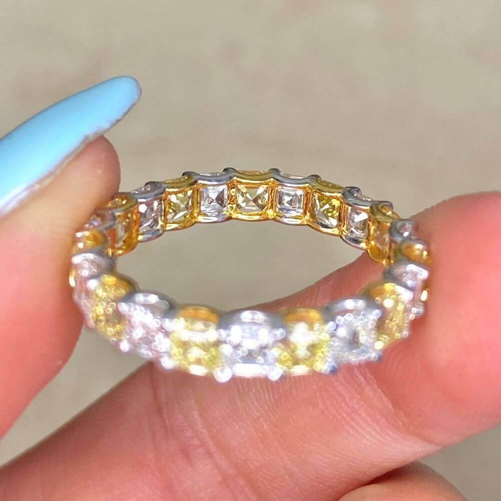 3.60ct Asscher Cut Fancy Yellow Diamond & Diamond Band Ring, 14k White Gold For Sale 5