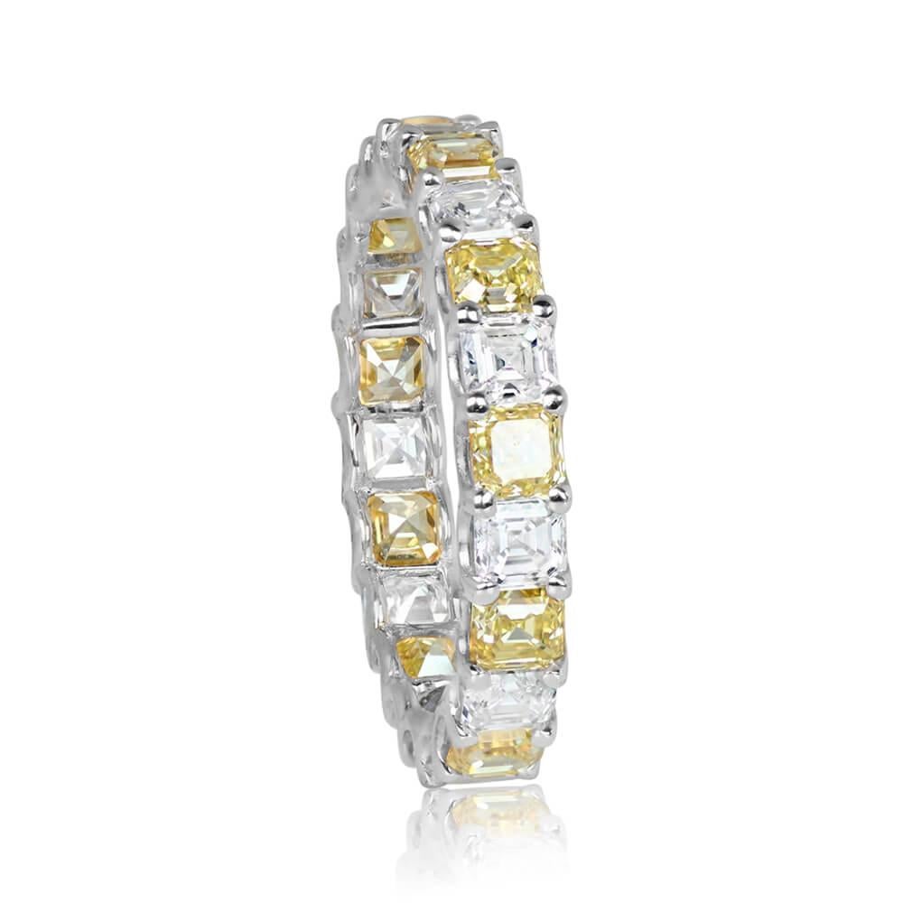 Art Deco 3.60ct Asscher Cut Fancy Yellow Diamond & Diamond Band Ring, 14k White Gold For Sale