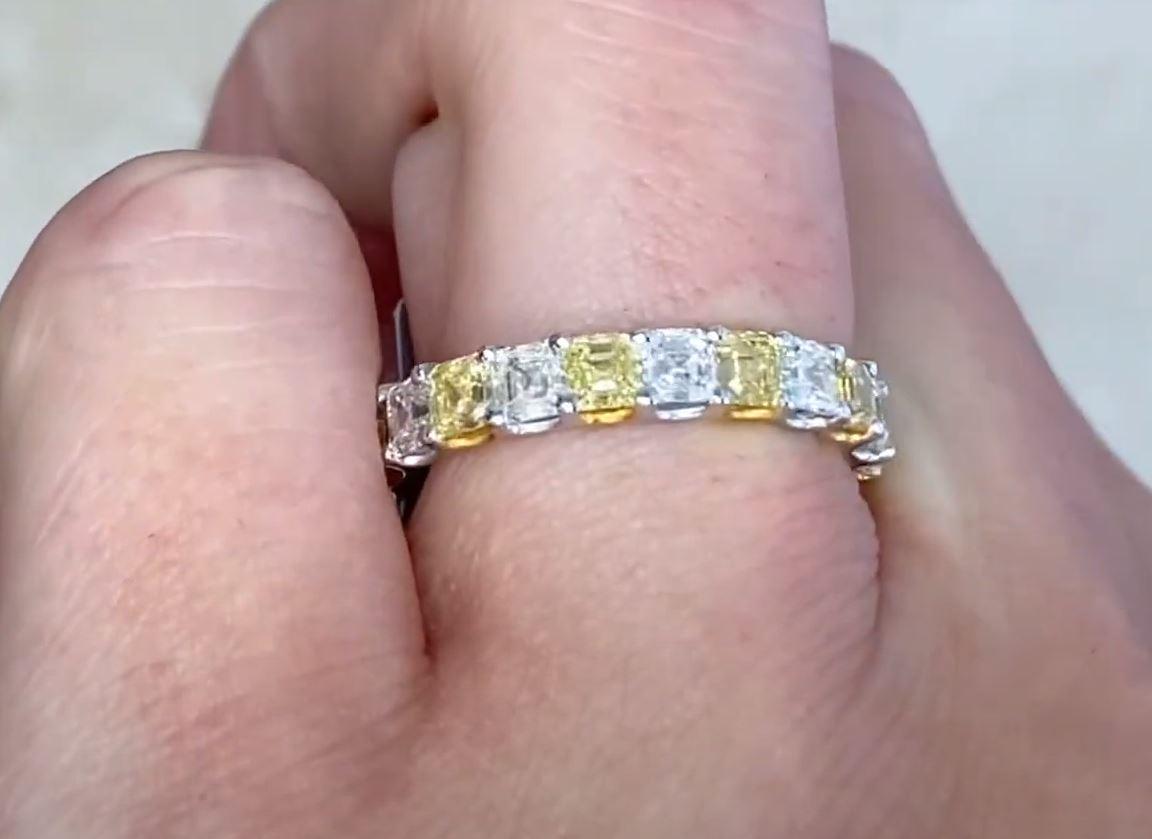 Women's 3.60ct Asscher Cut Fancy Yellow Diamond & Diamond Band Ring, 14k White Gold For Sale