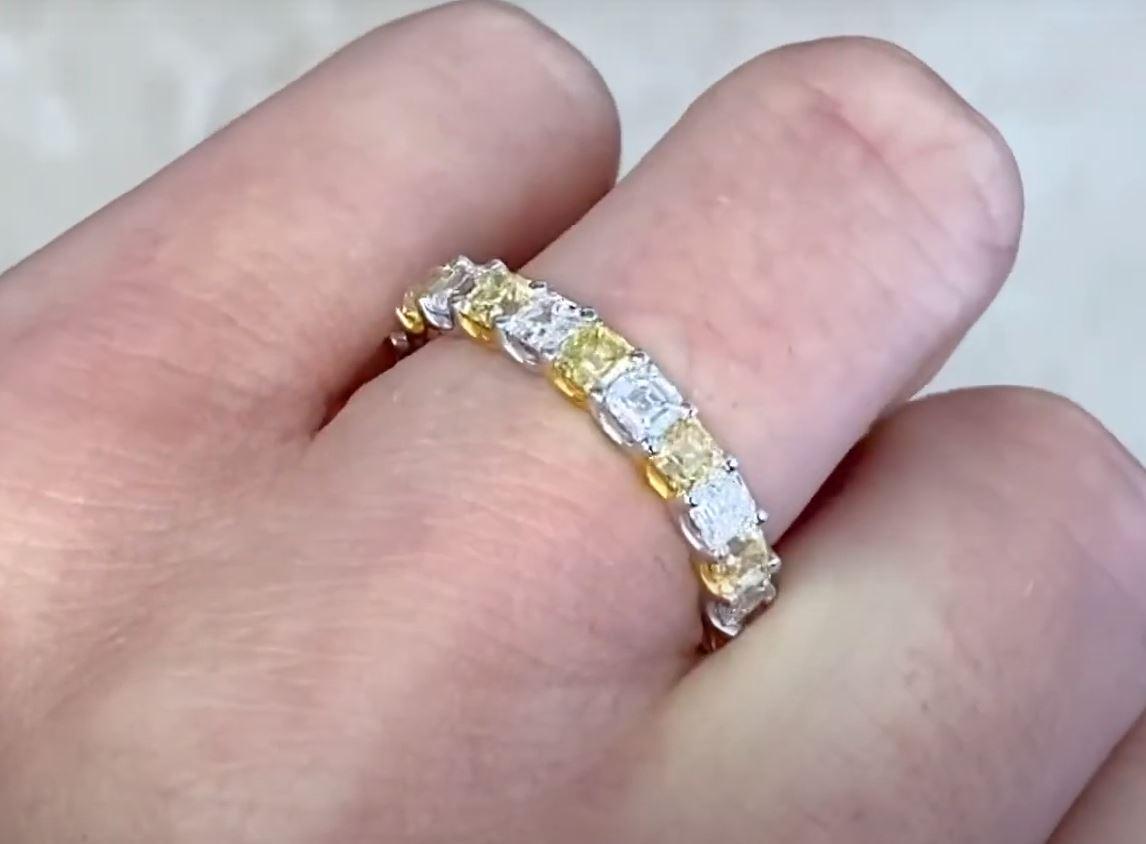 3.60ct Asscher Cut Fancy Yellow Diamond & Diamond Band Ring, 14k White Gold For Sale 1