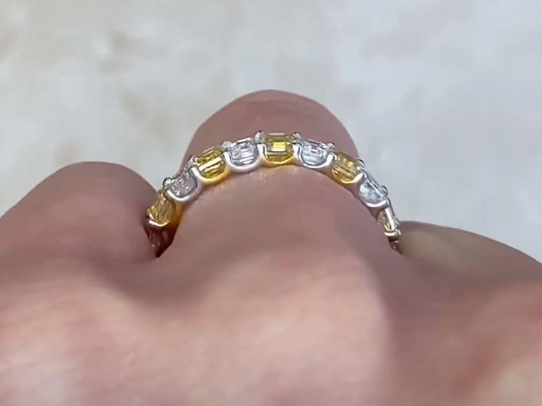 3.60ct Asscher Cut Fancy Yellow Diamond & Diamond Band Ring, 14k White Gold For Sale 2