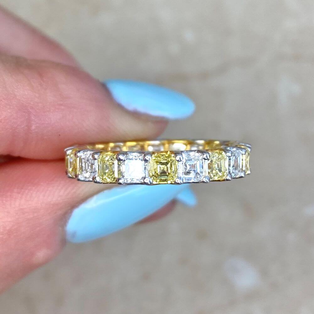 3.60ct Asscher Cut Fancy Yellow Diamond & Diamond Band Ring, 14k White Gold For Sale 4
