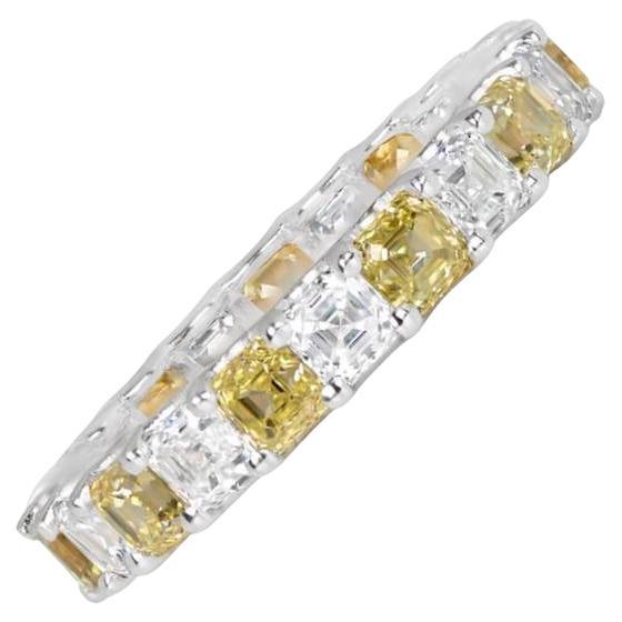 3.60ct Asscher Cut Fancy Yellow Diamond & Diamond Band Ring, 14k White Gold For Sale