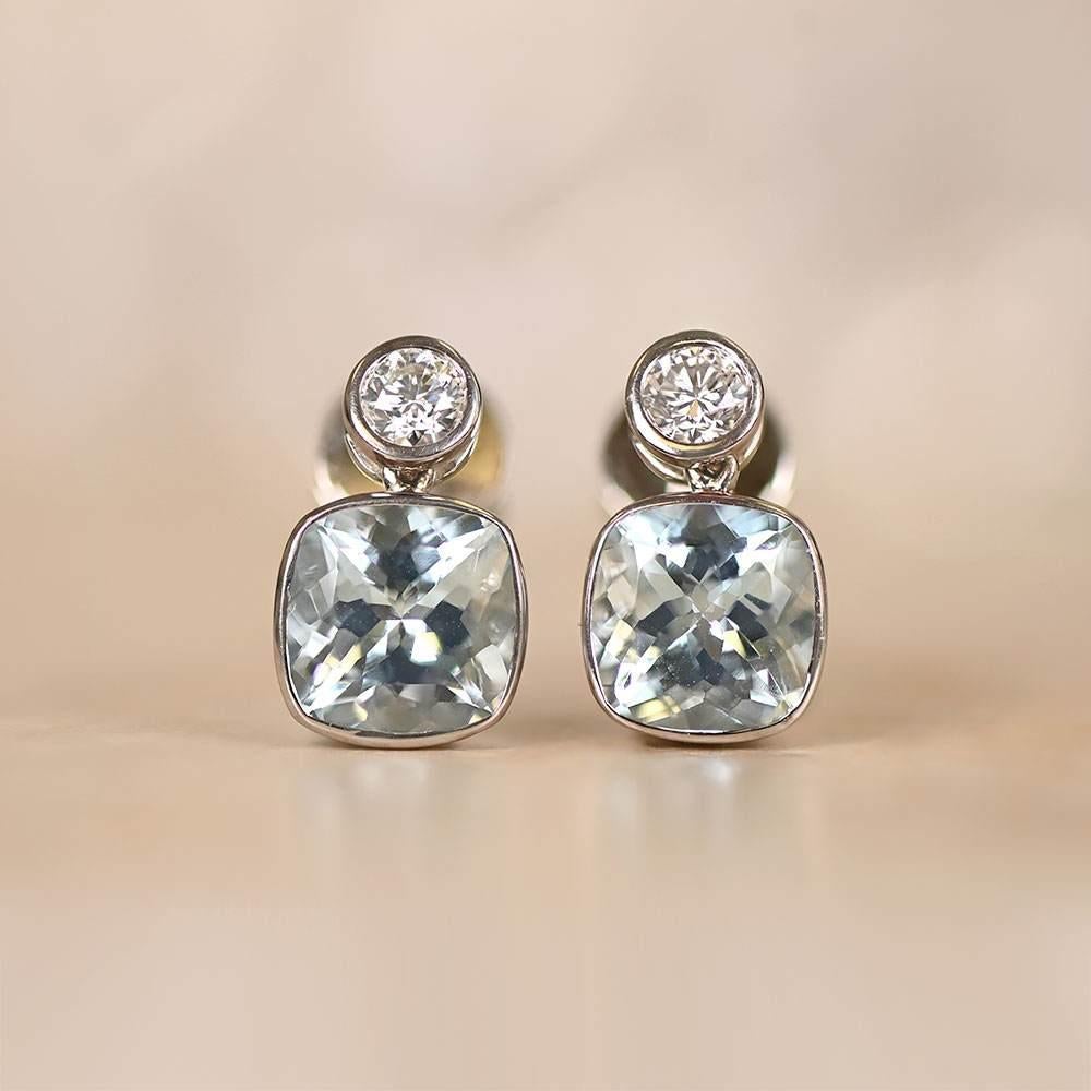 3.60 Carat Cushion Cut Aquamarines Earrings, Diamond Tops, 18k Yellow Gold In Excellent Condition For Sale In New York, NY