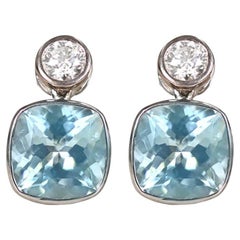 3.60 Carat Cushion Cut Aquamarines Earrings, Diamond Tops, 18k Yellow Gold