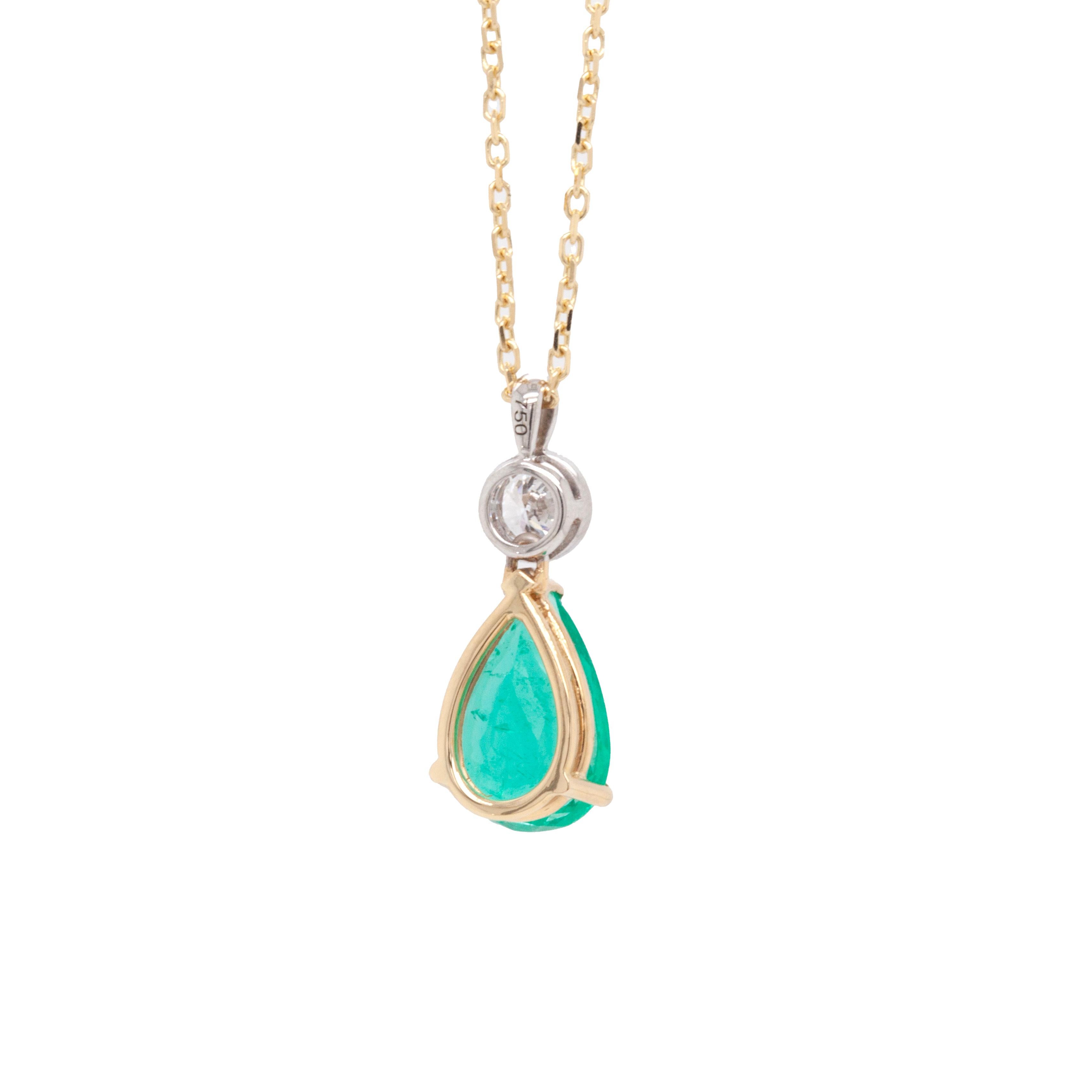 This gorgeous emerald and diamond necklace has been lovingly crafted at our workshop in Hatton Garden.

We have set this dreamy, vivid green pear-shaped emerald weighing 3.60 carats in a simple but elegant 18 carat yellow gold claw setting, so as to