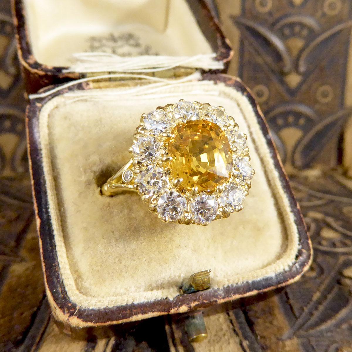 3.60ct Yellow Sapphire and 2.10ct Old Cut Diamond Cluster Ring 18ct Yellow Gold 3