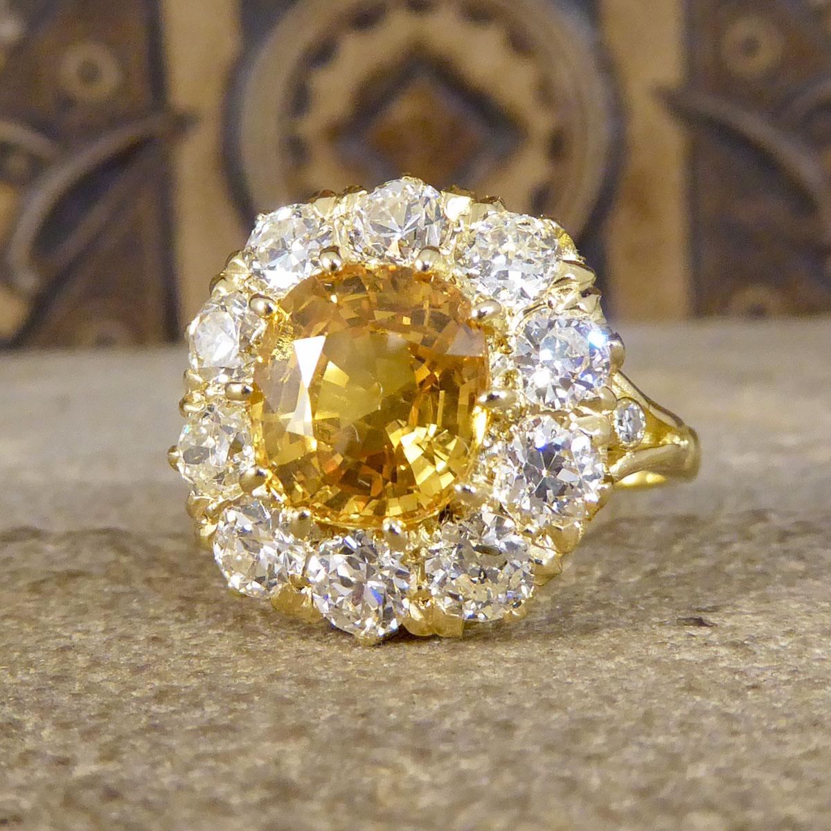 Old European Cut 3.60ct Yellow Sapphire and 2.10ct Old Cut Diamond Cluster Ring 18ct Yellow Gold