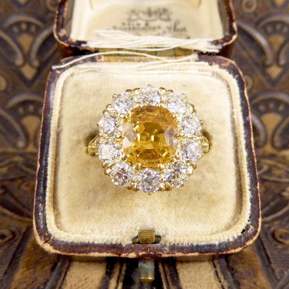 Women's or Men's 3.60ct Yellow Sapphire and 2.10ct Old Cut Diamond Cluster Ring 18ct Yellow Gold