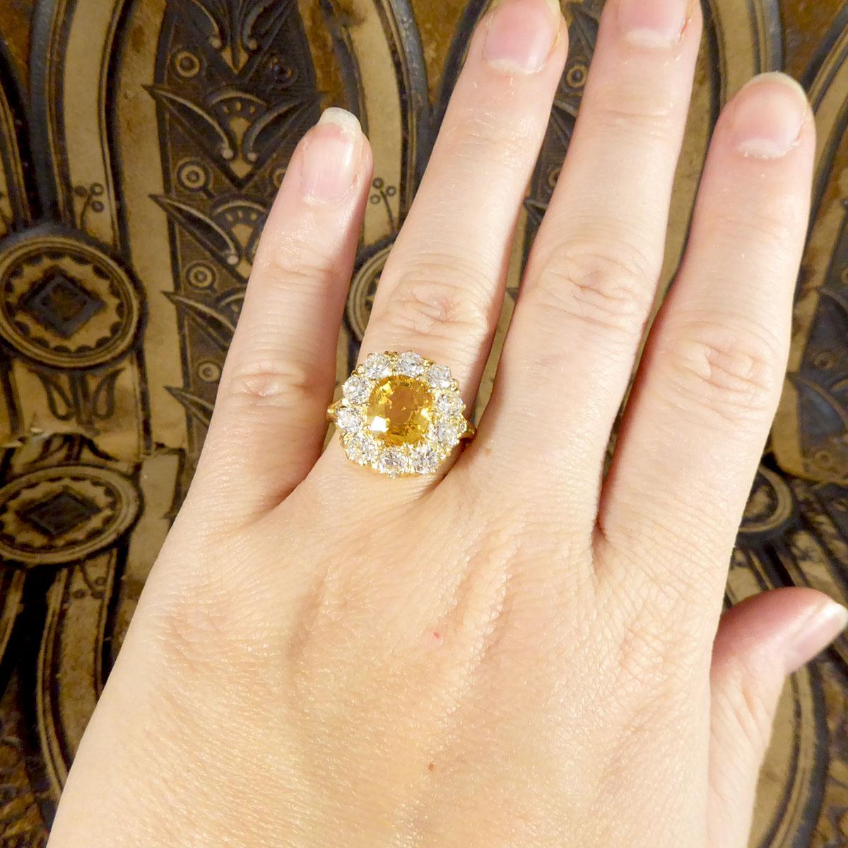 3.60ct Yellow Sapphire and 2.10ct Old Cut Diamond Cluster Ring 18ct Yellow Gold 2