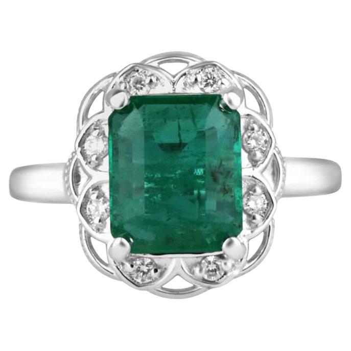 3.60tcw 14K Emerald & Diamond Floral Ring - Dark Green Emerald 585 White Gold