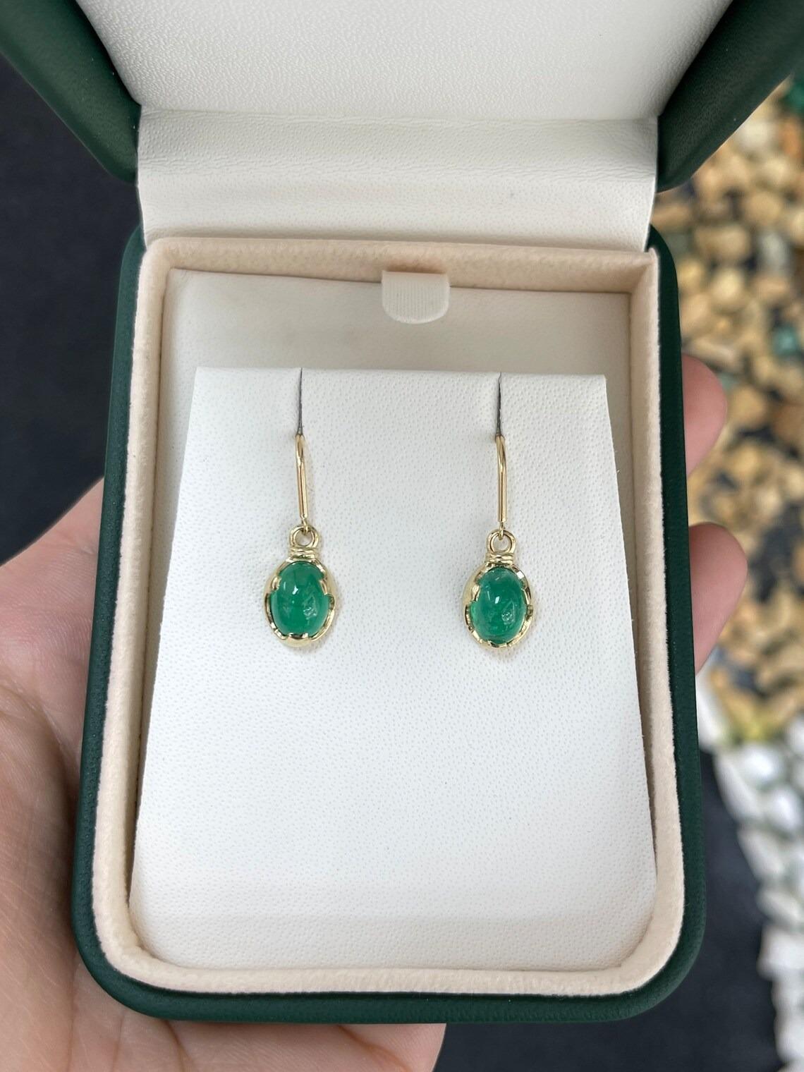 Women's 3.60tcw 14K Natural Oval Cabochon Emerald Solitaire Dangle Ear Wire Earrings For Sale