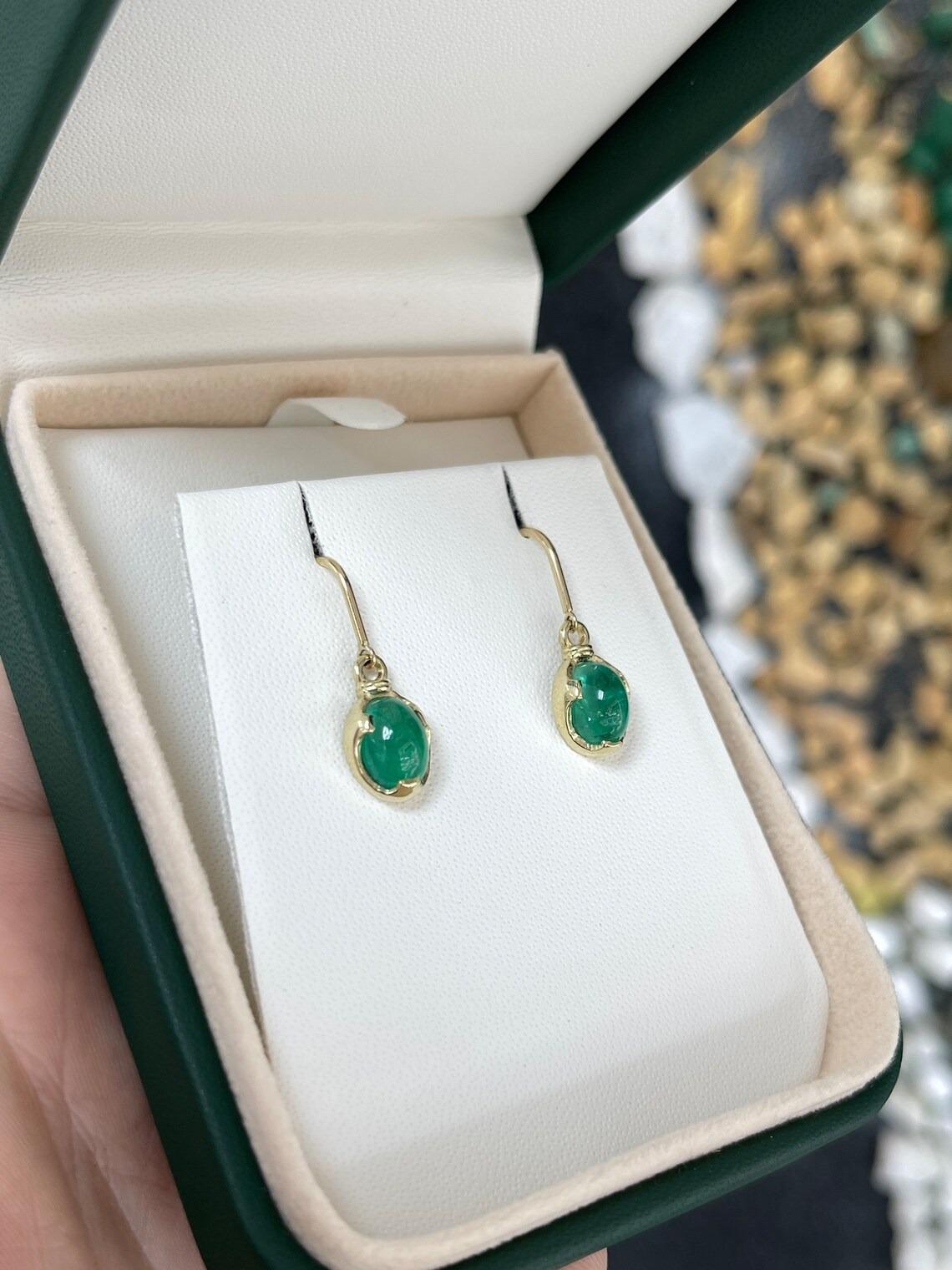 3.60tcw 14K Natural Oval Cabochon Emerald Solitaire Dangle Ear Wire Earrings For Sale 1
