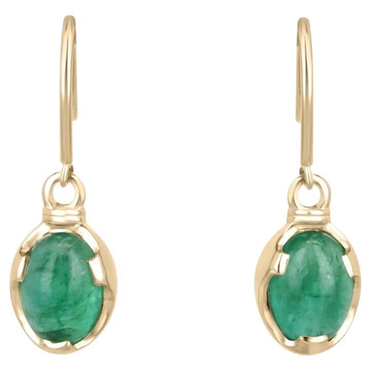 3.60tcw 14K Natural Oval Cabochon Emerald Solitaire Dangle Ear Wire Earrings For Sale