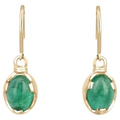 3.60tcw 14K Natural Oval Cabochon Emerald Solitaire Dangle Ear Wire Earrings