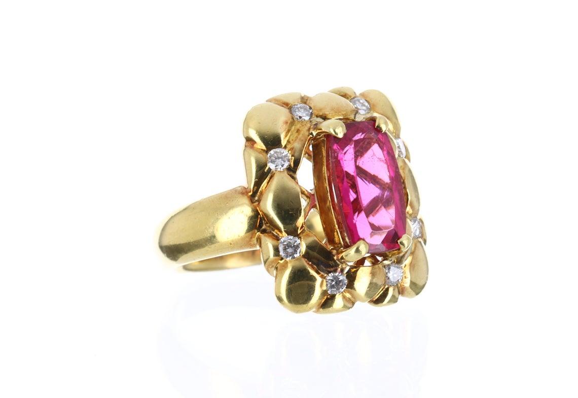 Taille émeraude 3.60tcw 18K Bague Cocktail Rubellite Naturelle & Diamant en vente