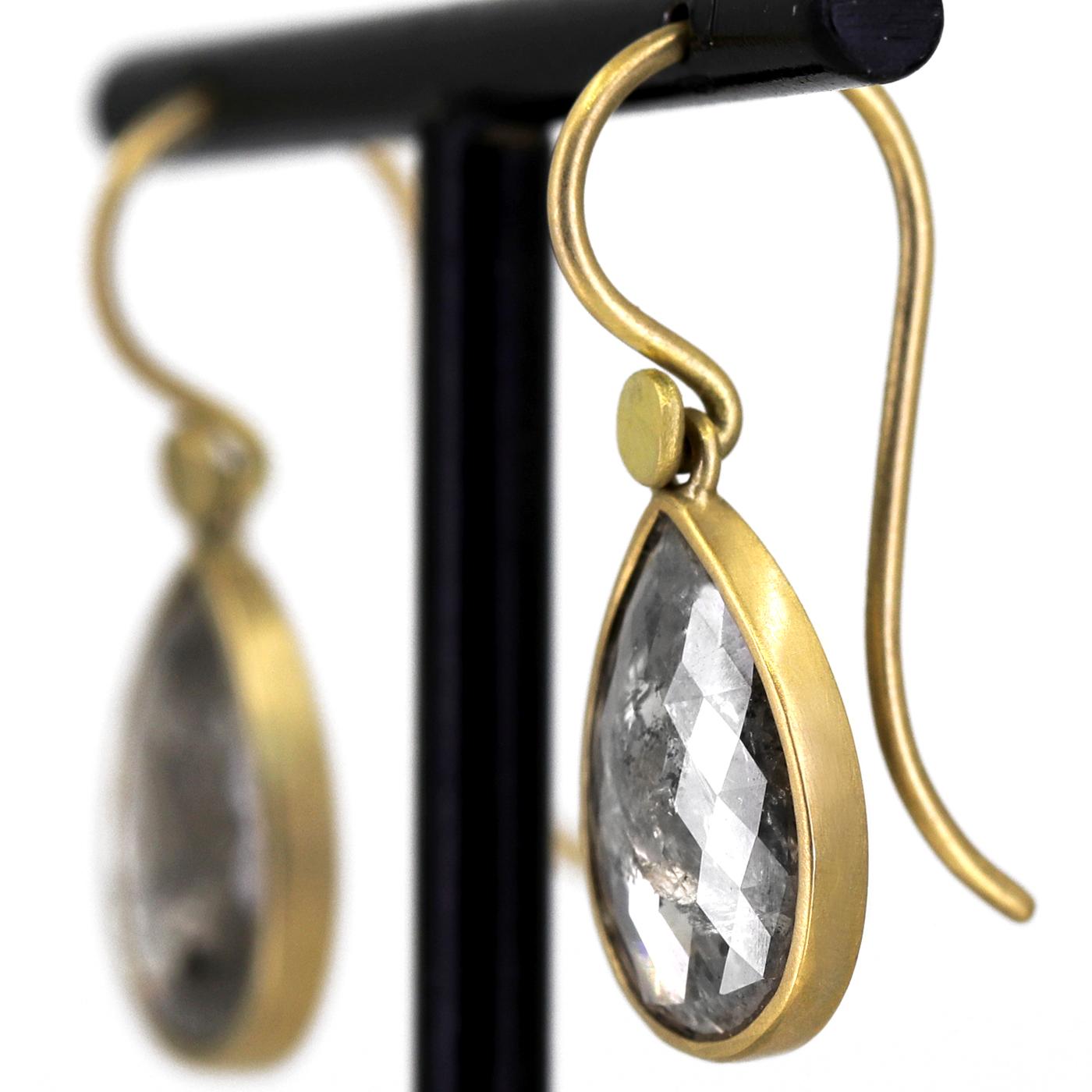 One of a Kind Drop Earrings by award-winning jewelry maker Lola Brooks, hand-fabricated in her signature-finished 18k yellow gold featuring a gorgeous matched pair of shimmering rose-cut salt and pepper diamond drops totaling 3.60 carats, each