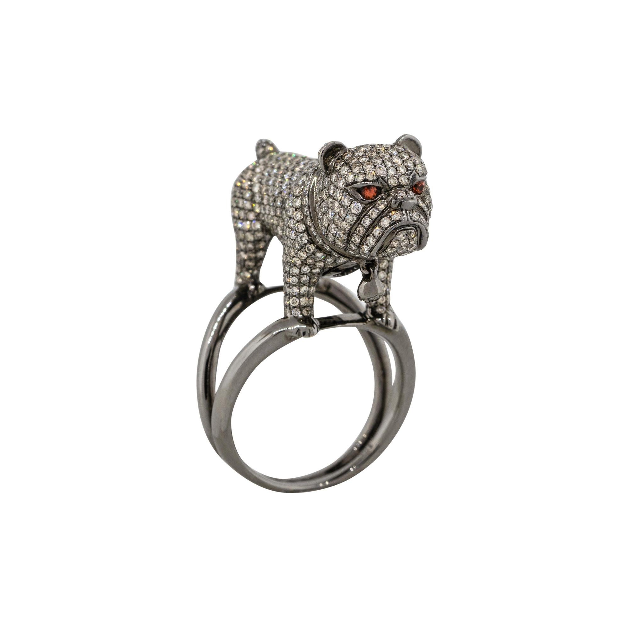 3.61 Carat Black Diamond Pave Pug Ring 18 Karat in Stock