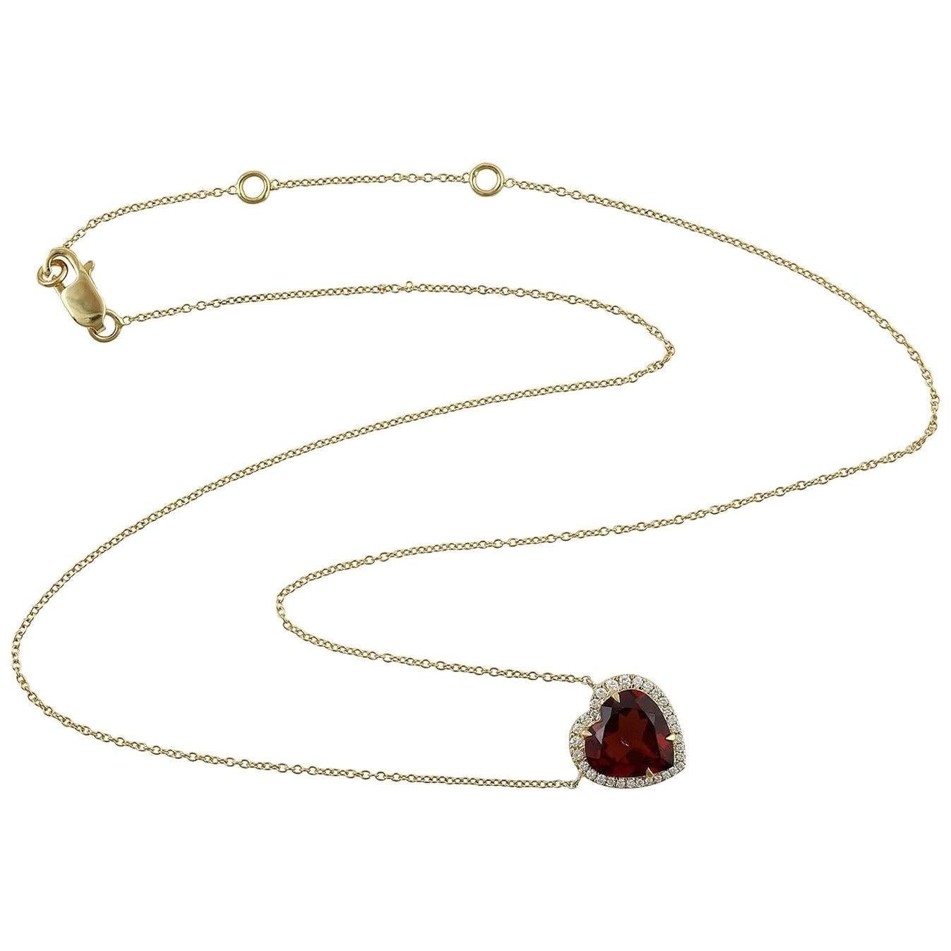 En vente :  Collier en forme de cœur en or 14 carats avec diamants et grenat de 3,61 carats