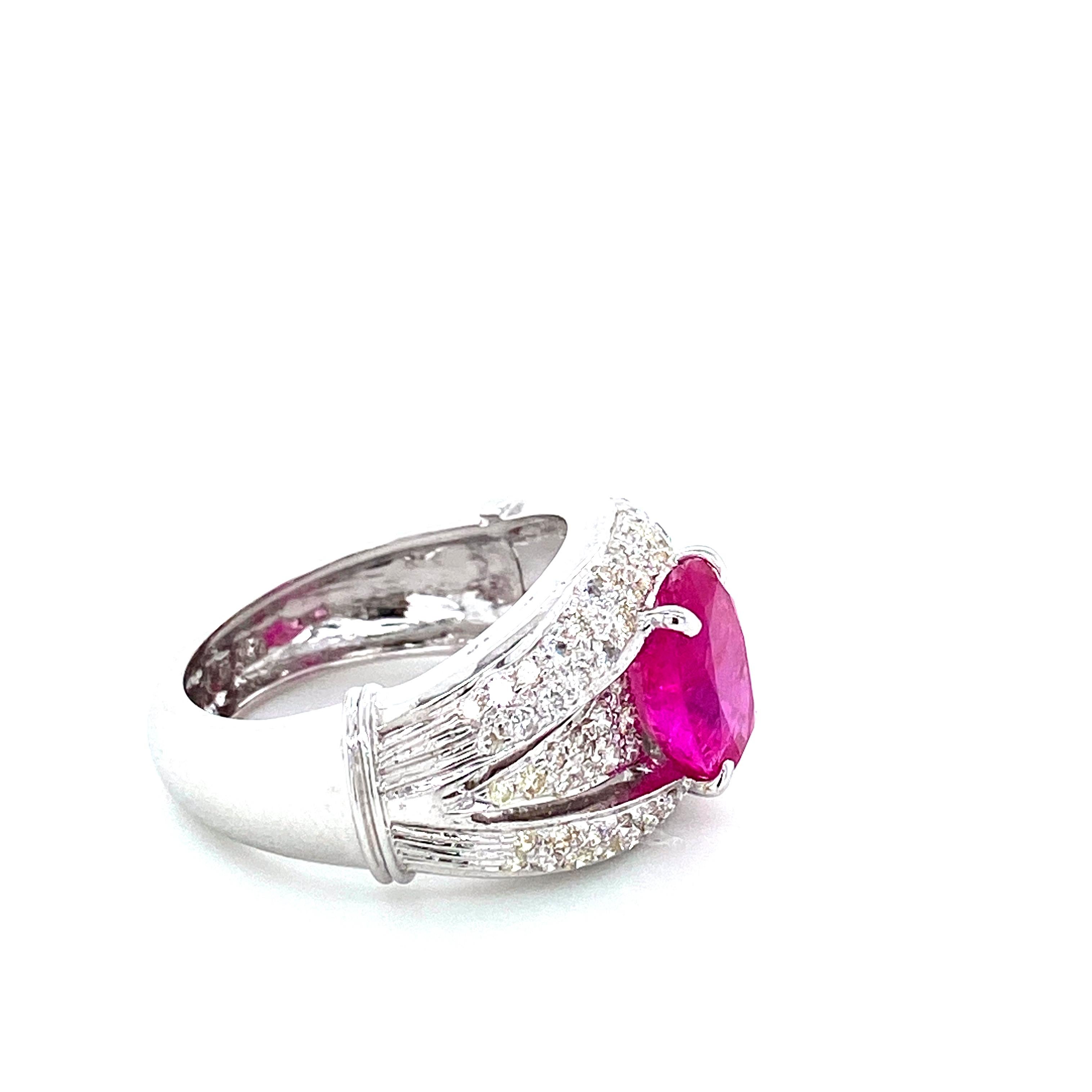 Art Deco 3.61 Carat GRS Certified No Heat Ruby and Diamond Engagement Ring For Sale