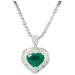 3.61 Carat Heart Shaped Emerald and Diamond Pendant