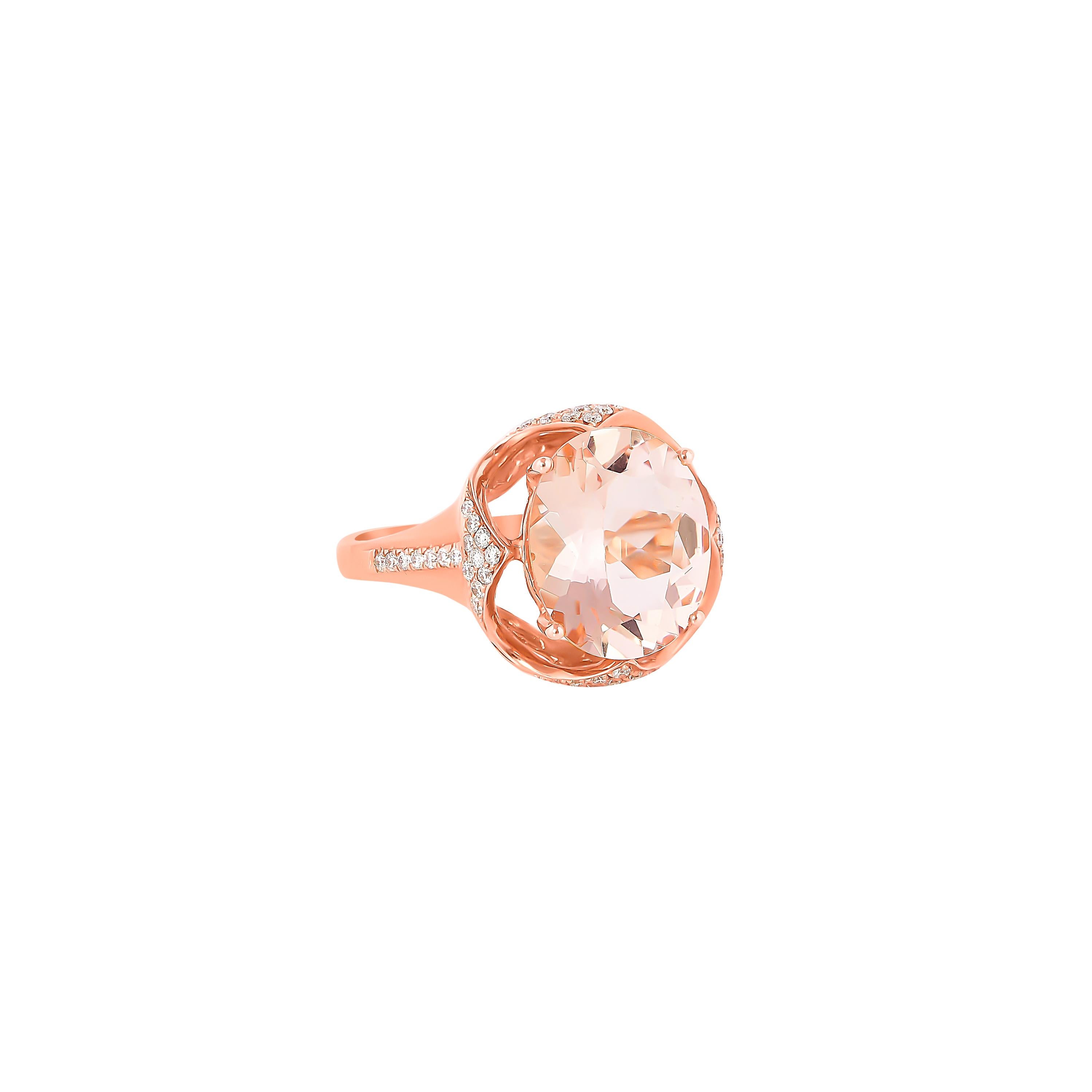 This collection features an array of magnificent morganites! Accented with Diamond these rings are made in rose gold and present a classic yet elegant look. 

Classic morganite ring in 18K Rose gold with Diamond. 

Morganite: 3.61 carat, 12X10mm