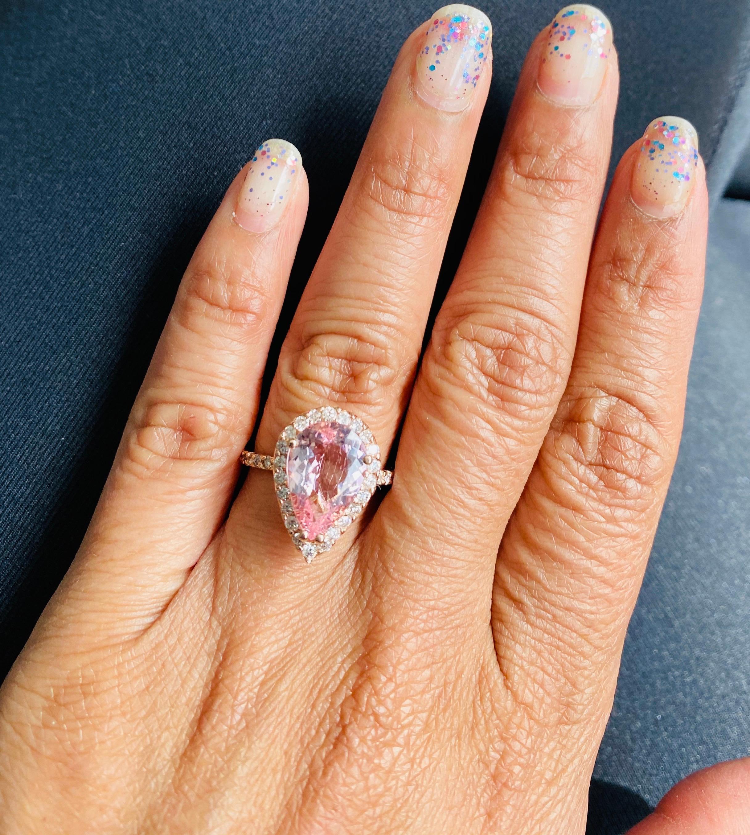 Pear Cut 3.61 Carat Morganite Diamond 14 Karat Rose Gold Engagement Ring