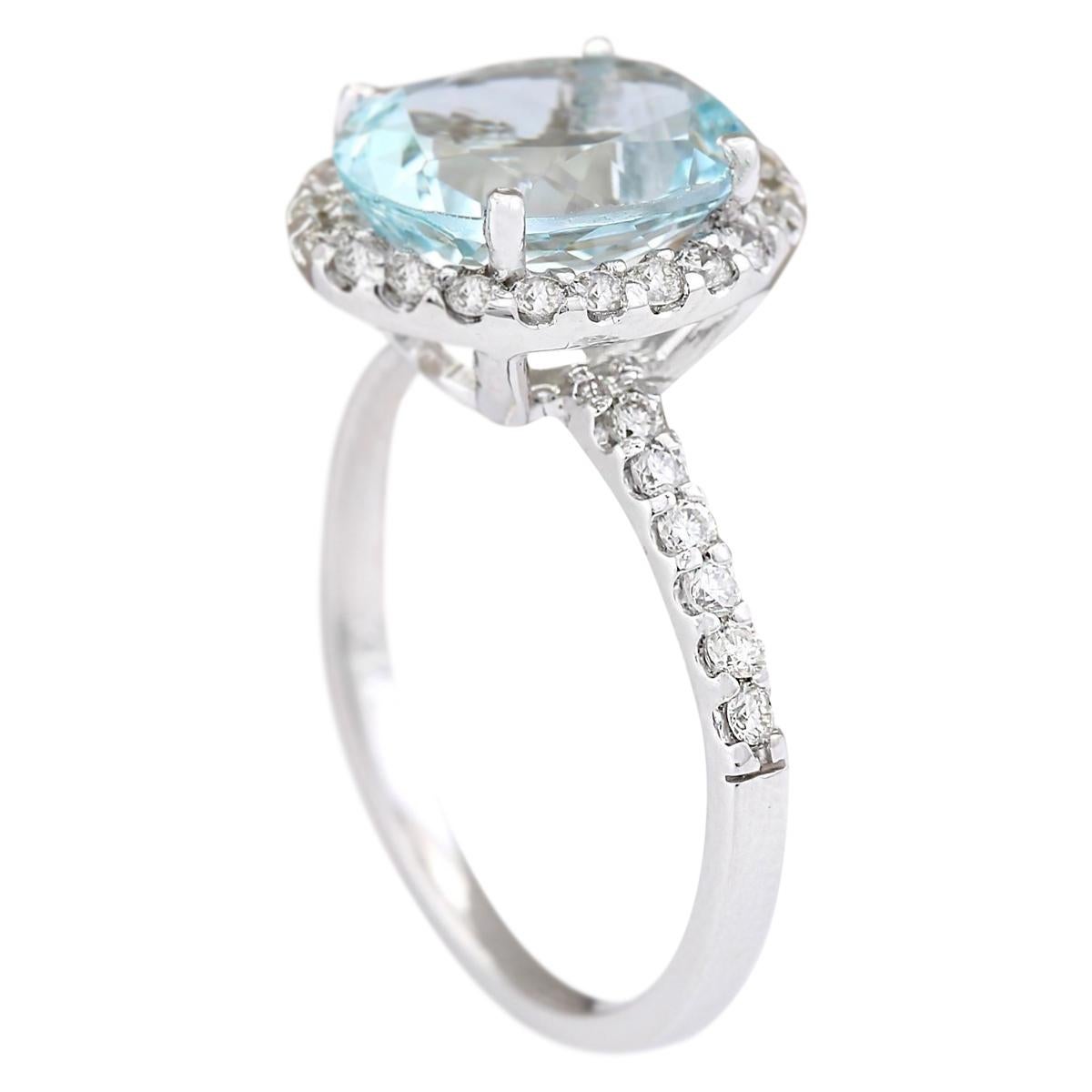Oval Cut Natural Aquamarine Diamond Ring In 14 Karat White Gold For Sale