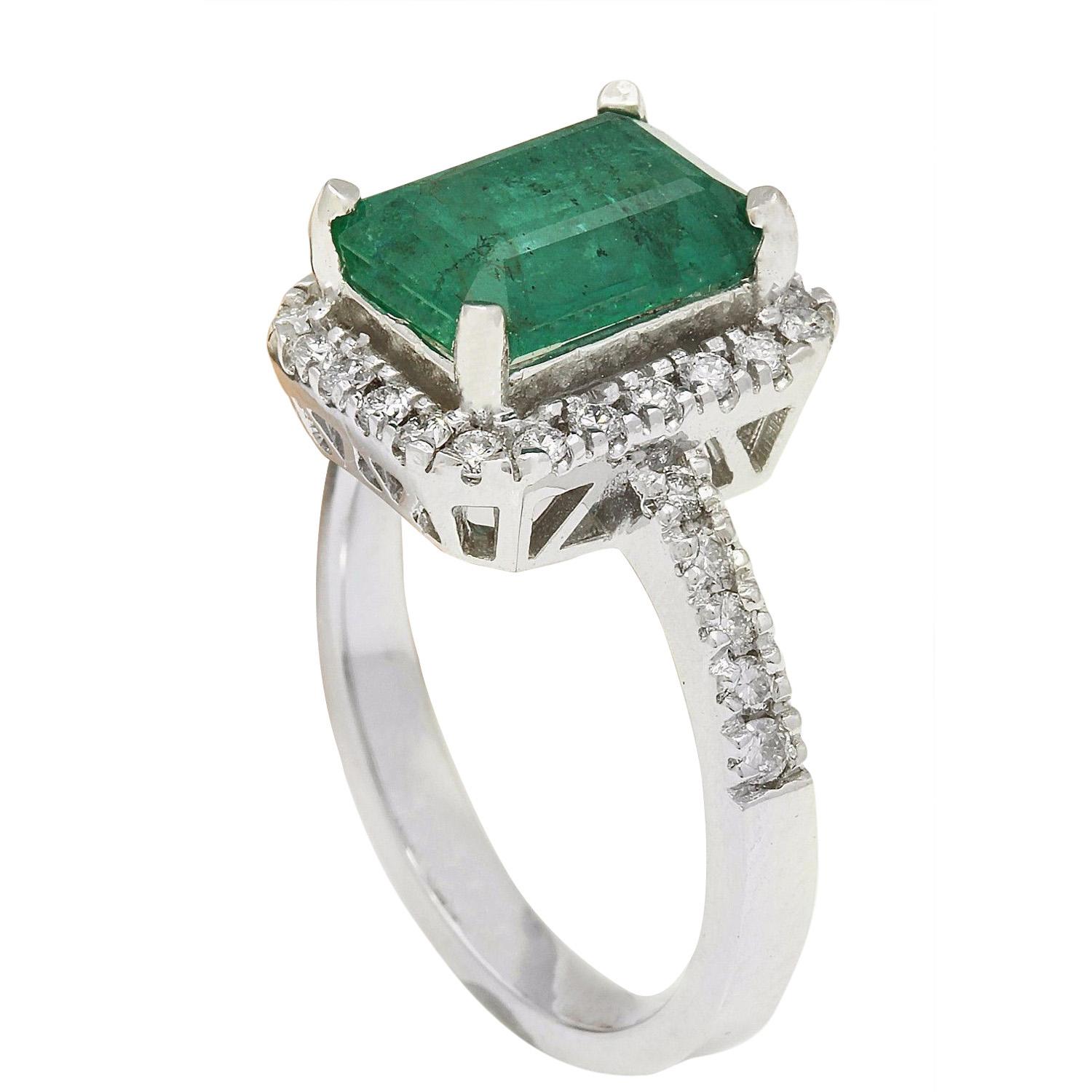 Emerald Cut Natural Emerald 14 Karat Solid White Gold Diamond Ring For Sale