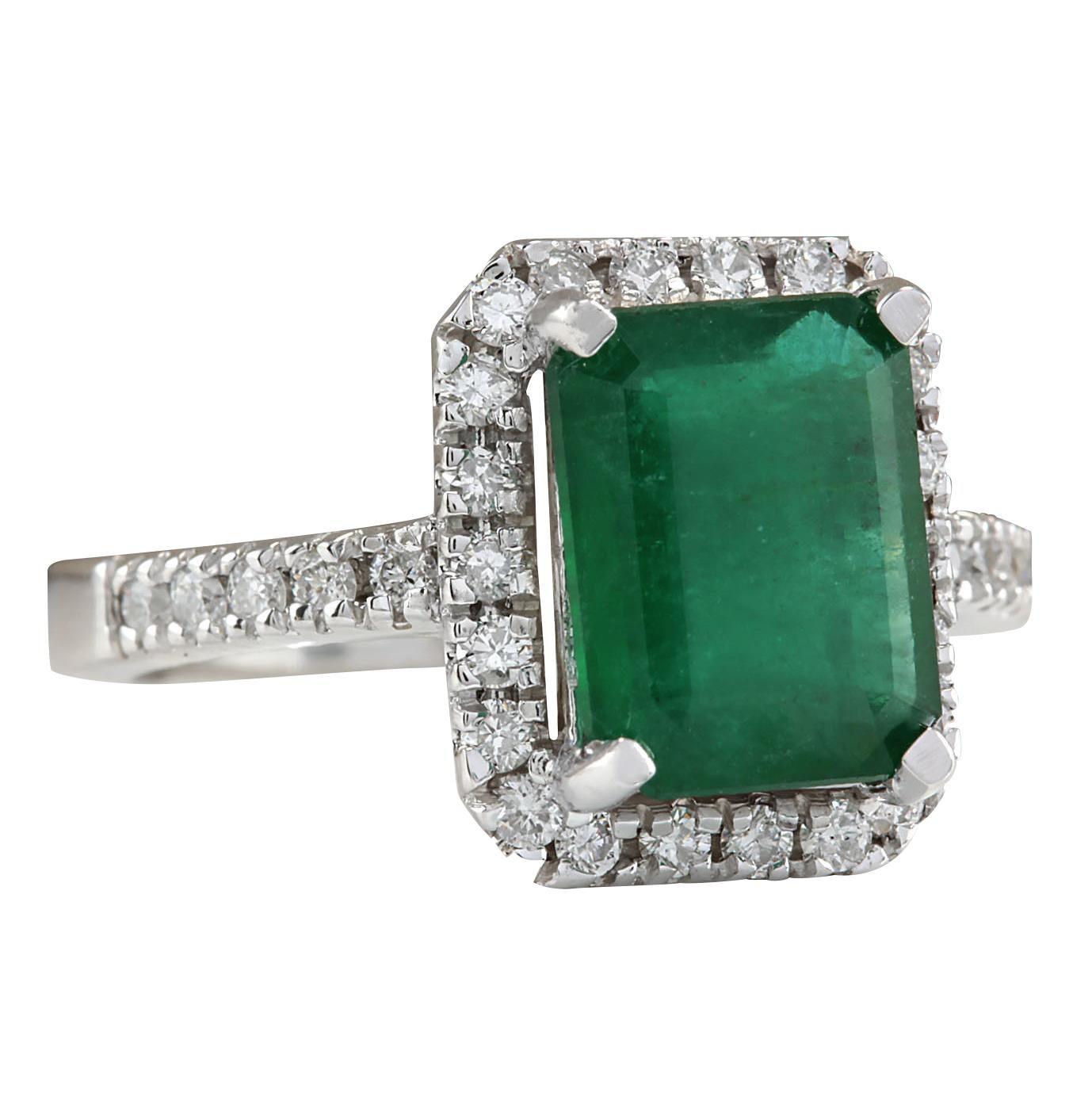 3.61 Carat Natural Emerald 14 Karat White Gold Diamond Ring
Stamped: 14K White Gold
Total Ring Weight: 6.5 Grams
Total Natural Emerald Weight is 3.01 Carat (Measures: 10.00x8.00 mm)
Color: Green
Total Natural Diamond Weight is 0.60 Carat
Color: F-G,