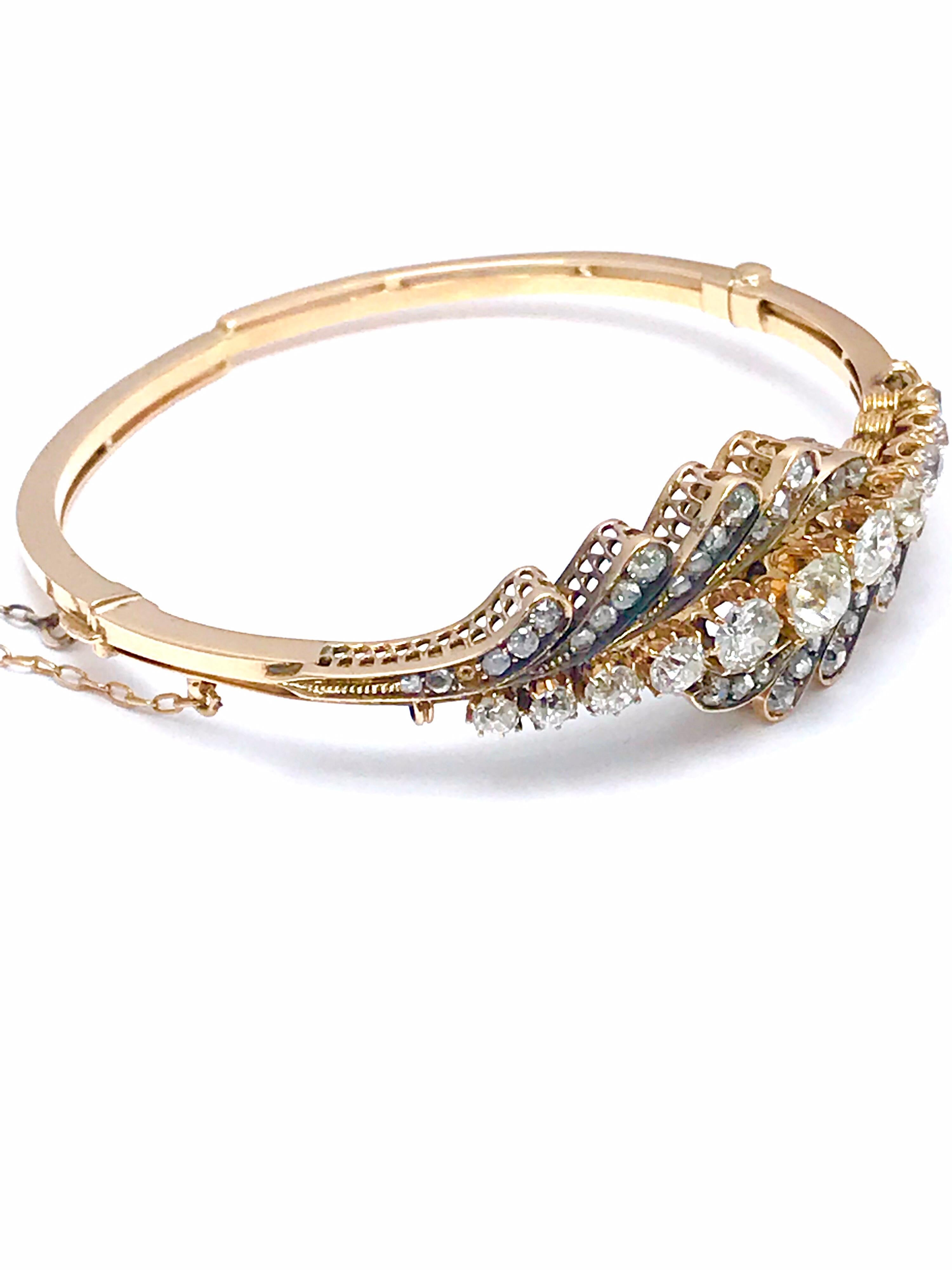 Round Cut 3.61 Carat Old Mine Cut and Rose Cut Diamond Bypass Style Bangle Bracelet