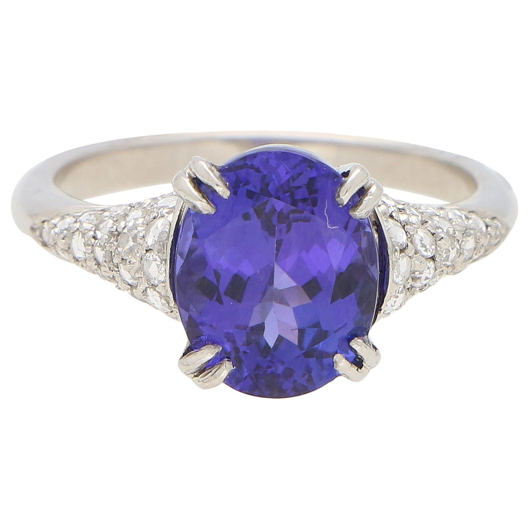 3.61 Carat Purple Blue Tanzanite and Diamond Engagement Ring Set in Platinum For Sale