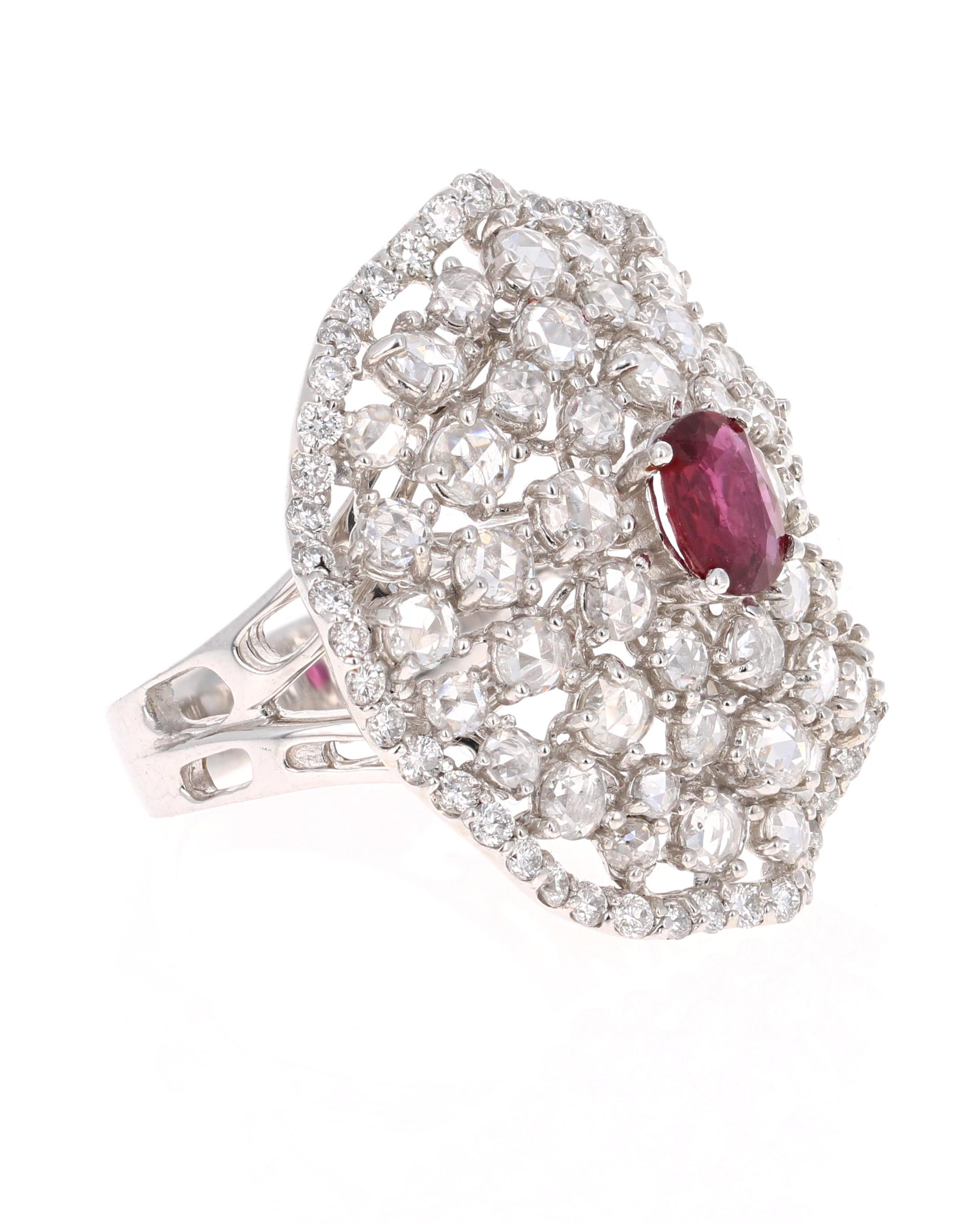A real statement piece - Ruby and Rose Cut Diamond Cocktail Ring in 14K White Gold
This ring has a gorgeous Burmese Oval Cut Ruby that weighs 0.79 carats in the center and is surrounded by 45 Rose Cut Diamonds that weigh 2.07 Carats. It also has 50