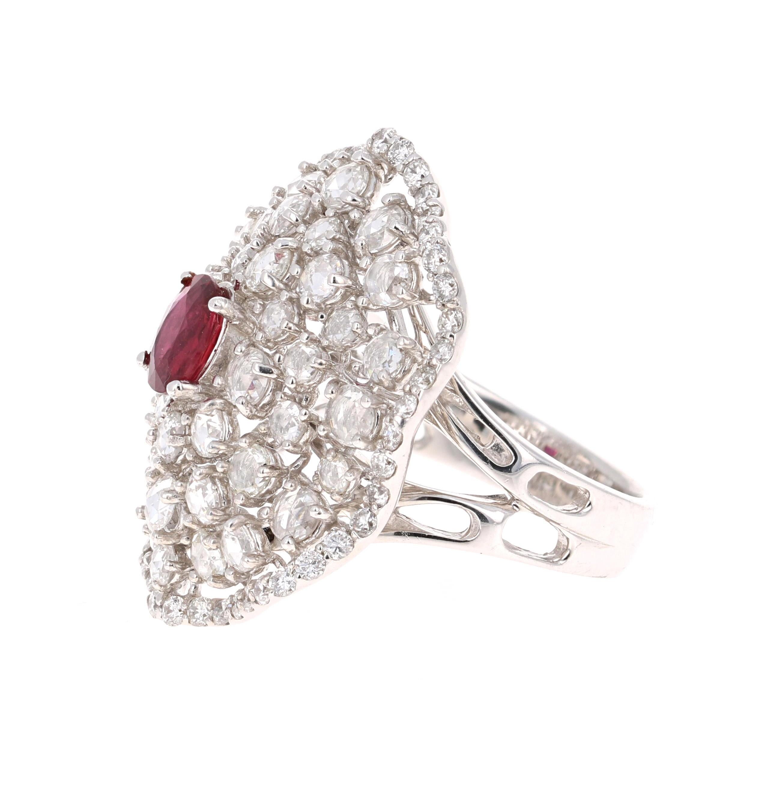 Modern 3.61 Carat Ruby Rose Cut Diamond 14 Karat White Gold Cocktail Ring