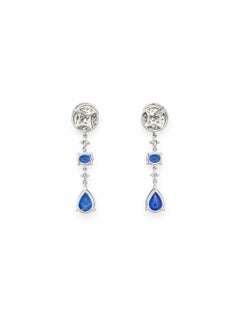 3.61 Carat Sapphire Diamond Drop/Dangle Earrings Pear & Oval Cut 18K White Gold