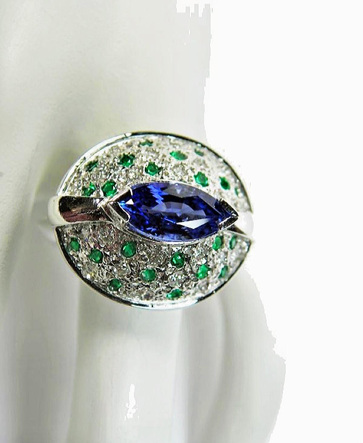 Women's Tanzanite Emerald and Diamond Contemporary Statement Ring 18K White Gold For Sale