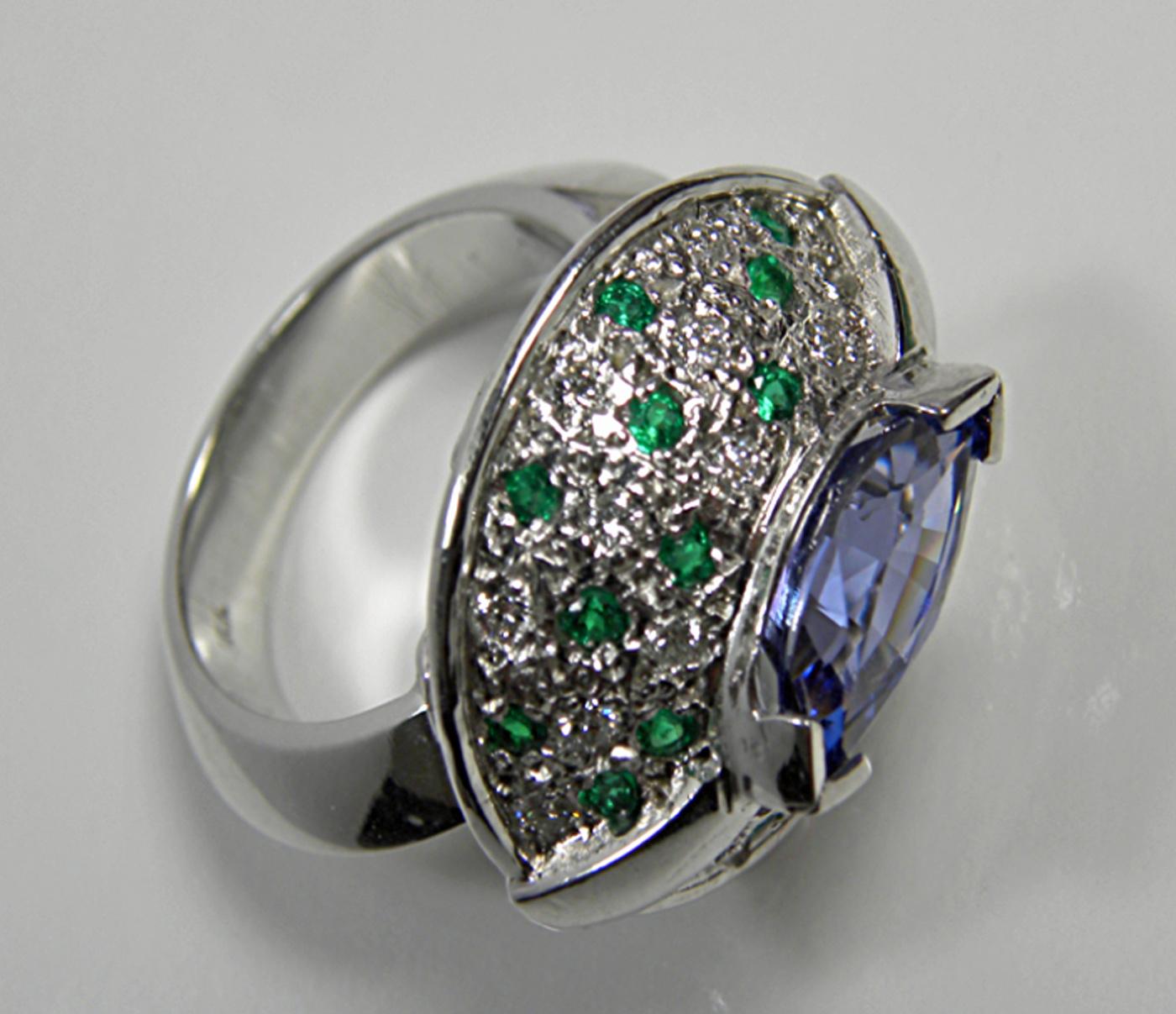 Marquise Cut Tanzanite Emerald and Diamond Contemporary Statement Ring 18K White Gold For Sale