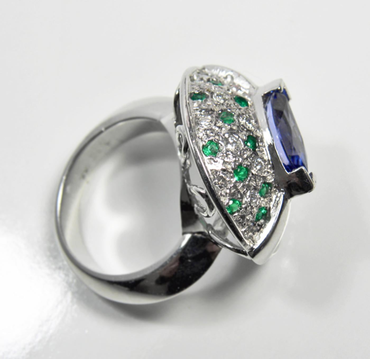 Tanzanite Emerald and Diamond Contemporary Statement Ring 18K White Gold For Sale 9