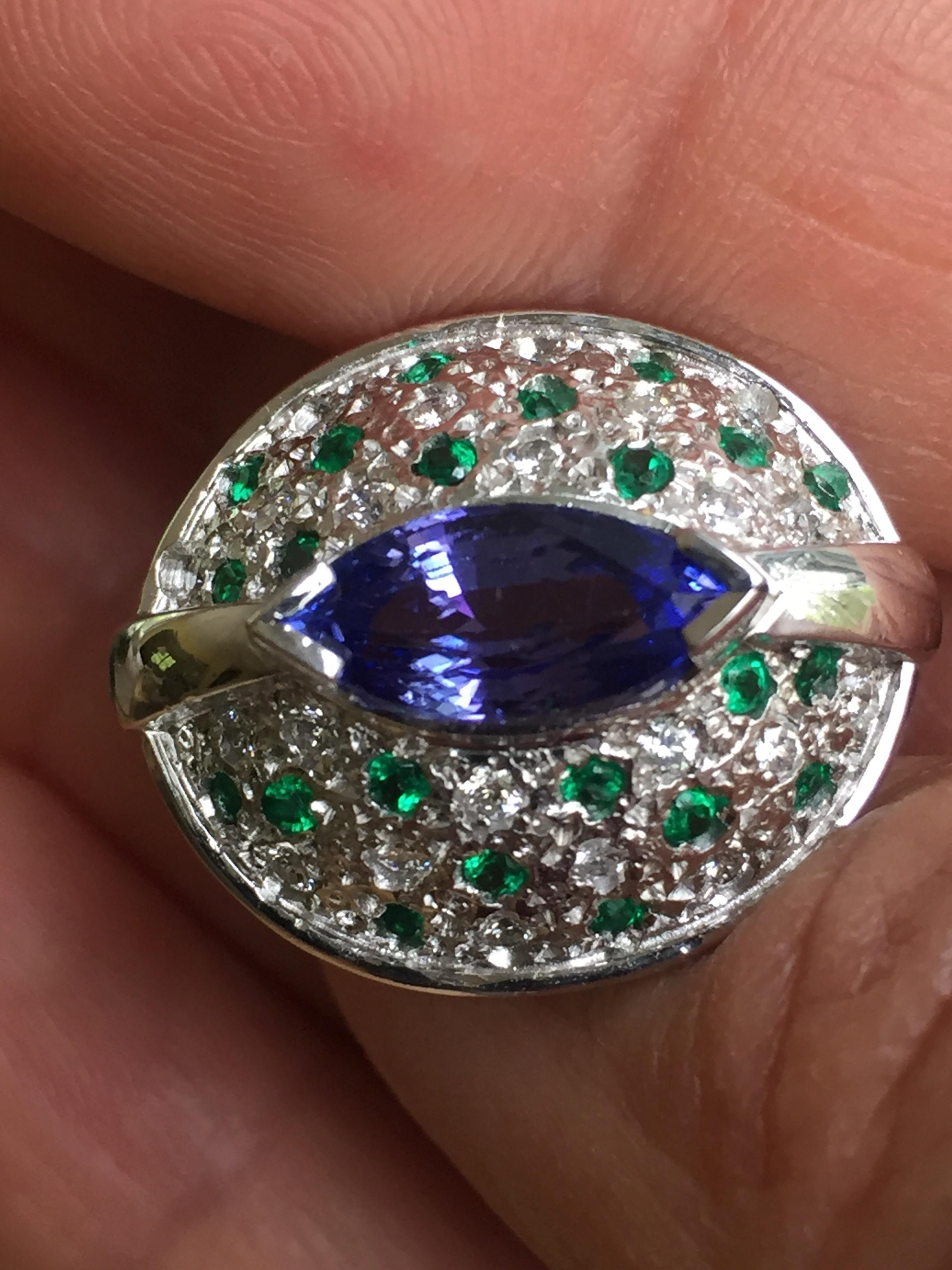 Tanzanite Emerald and Diamond Contemporary Statement Ring 18K White Gold For Sale 2