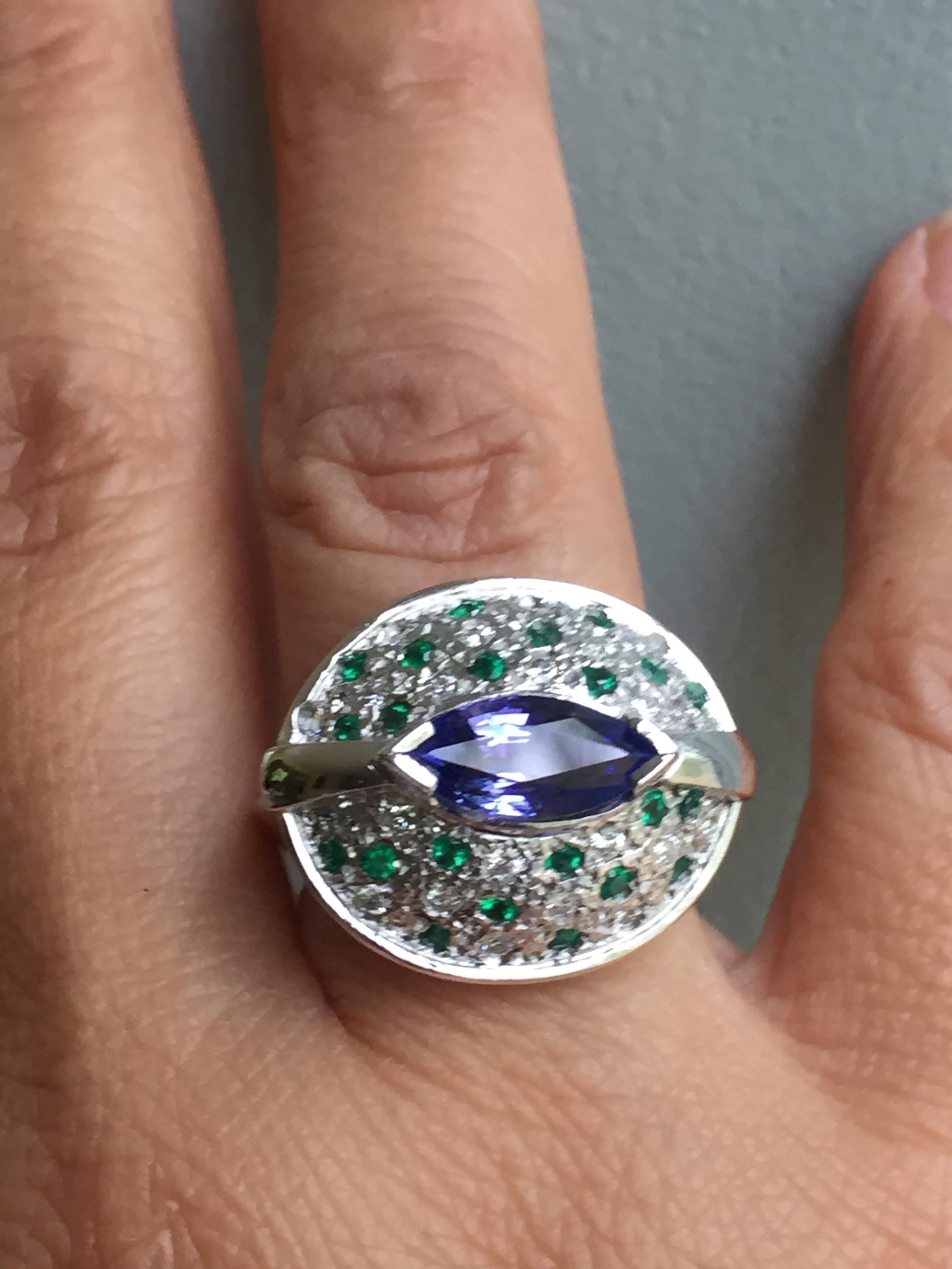 Tanzanite Emerald and Diamond Contemporary Statement Ring 18K White Gold For Sale 3