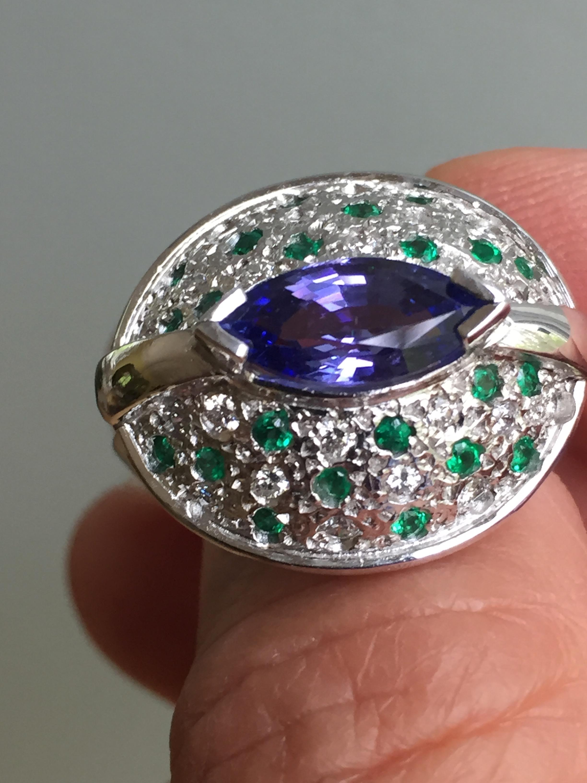 Tanzanite Emerald and Diamond Contemporary Statement Ring 18K White Gold For Sale 5