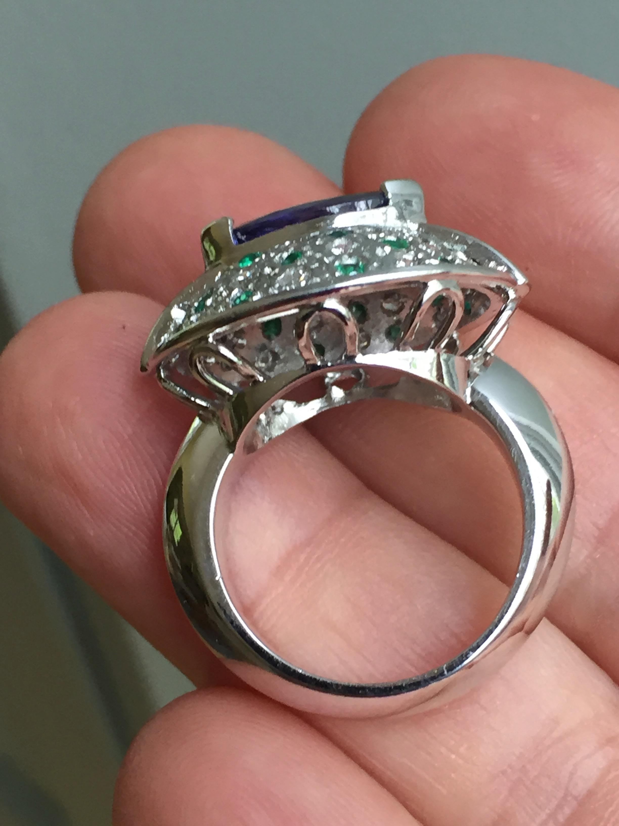 Tanzanite Emerald and Diamond Contemporary Statement Ring 18K White Gold For Sale 4