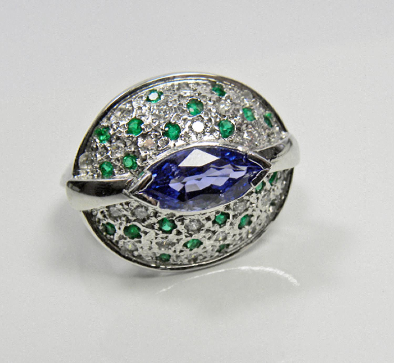 Tanzanite Emerald and Diamond Contemporary Statement Ring 18K White Gold For Sale 7
