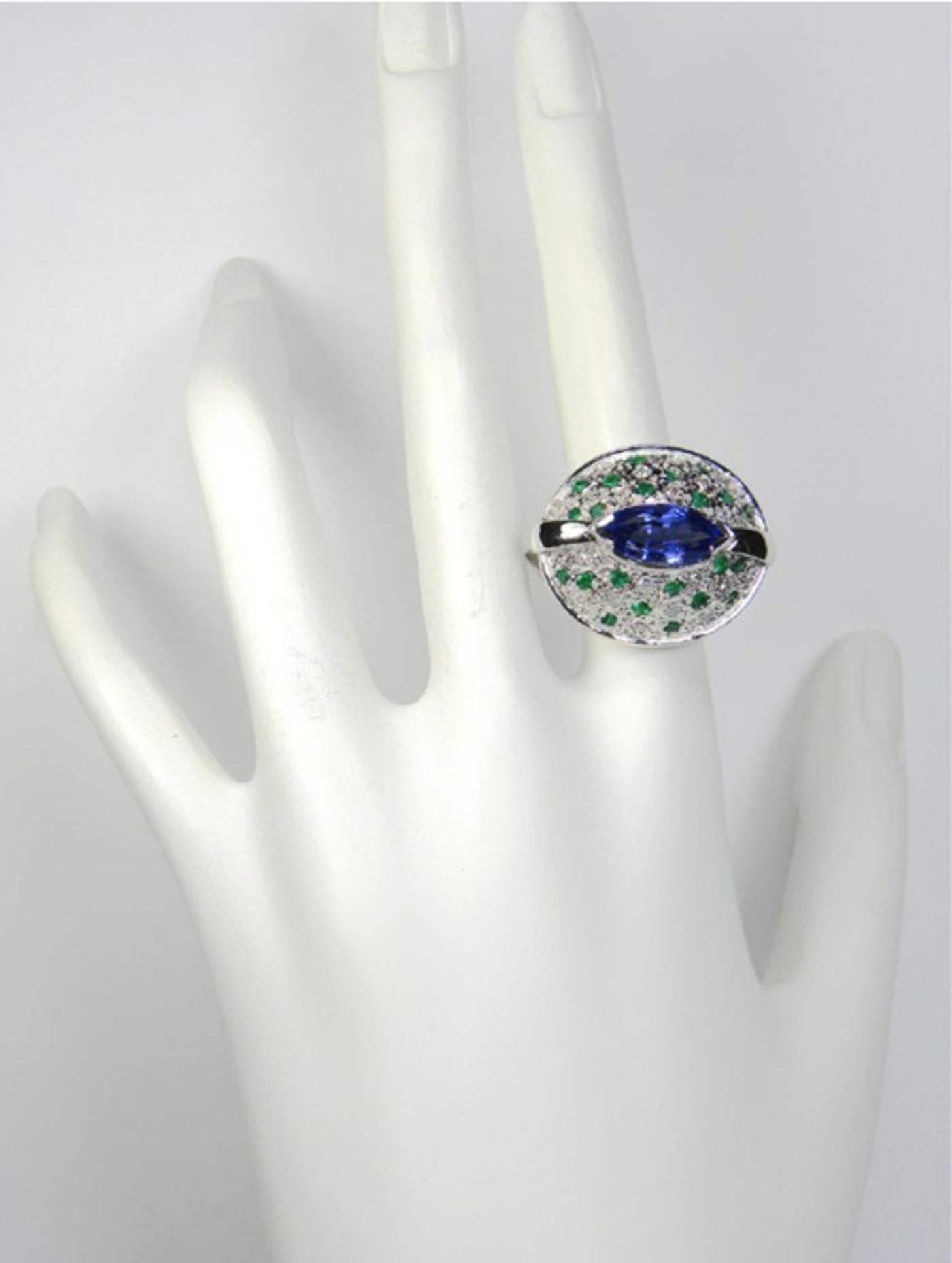 Tanzanite Emerald and Diamond Contemporary Statement Ring 18K White Gold For Sale 1