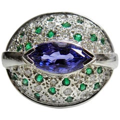 Tanzanite Emerald and Diamond Contemporary Statement Ring 18K White Gold