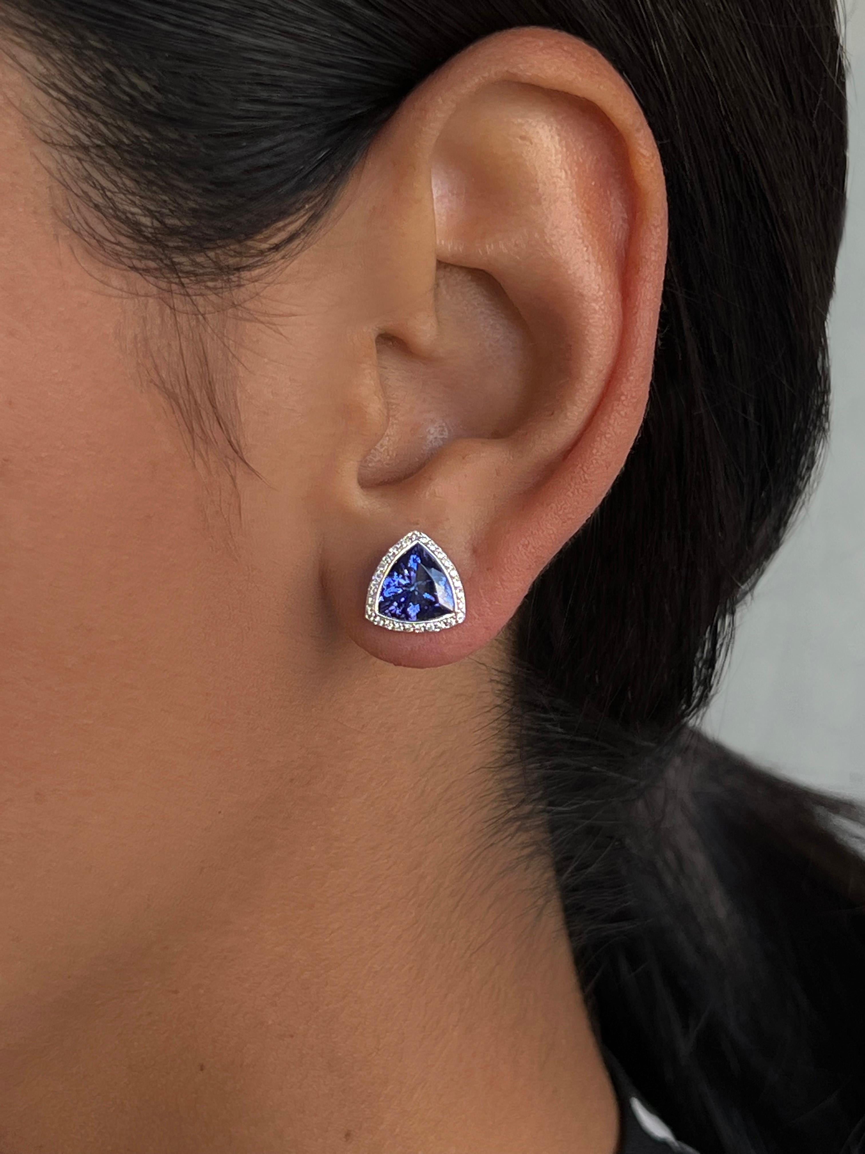 Oval Cut 3.61 Carat Trillion Cut Tanzanite Diamond Halo Studs Earrings in 18k White Gold For Sale